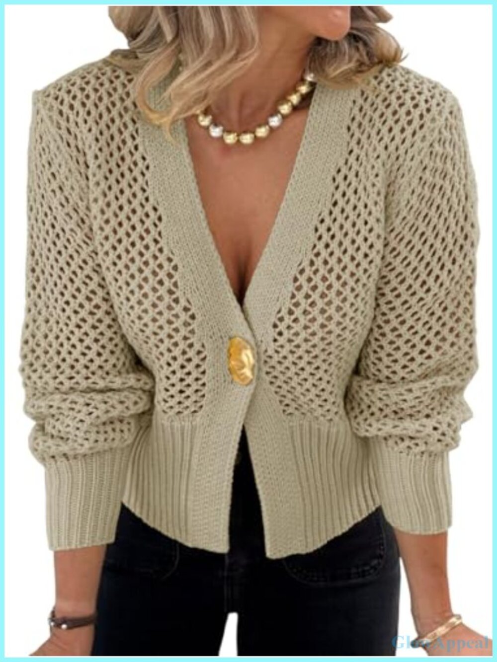Womens Cropped Crochet Cardigan Mesh Knit Sweater Cover Up Button Front